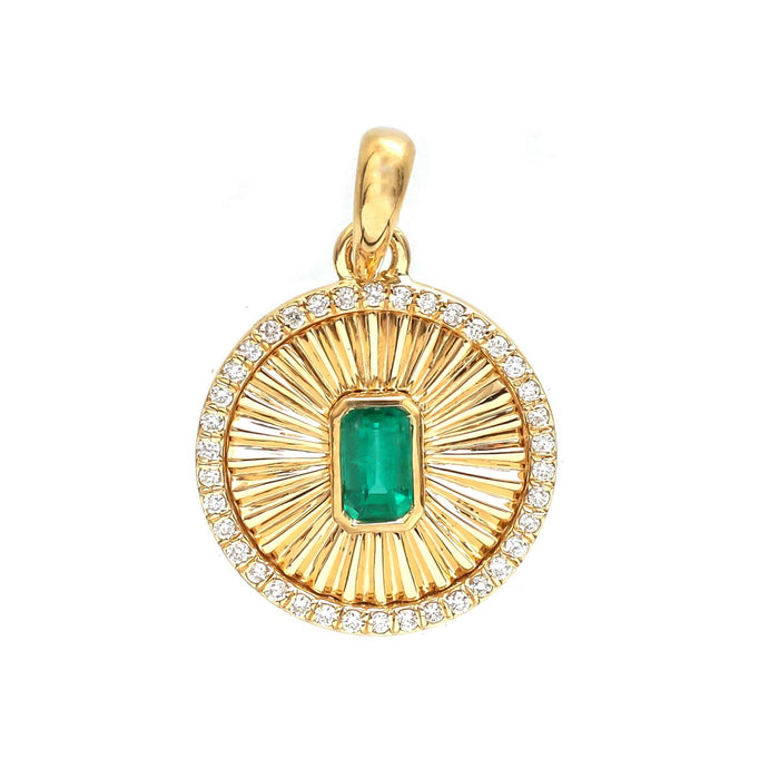 Emerald Sunburst Diamond 18K Yellow Gold Pendant Necklace