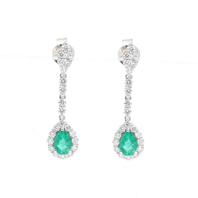 Emerald Radiance Halo 18K Natural Diamond White Gold Drop Earrings