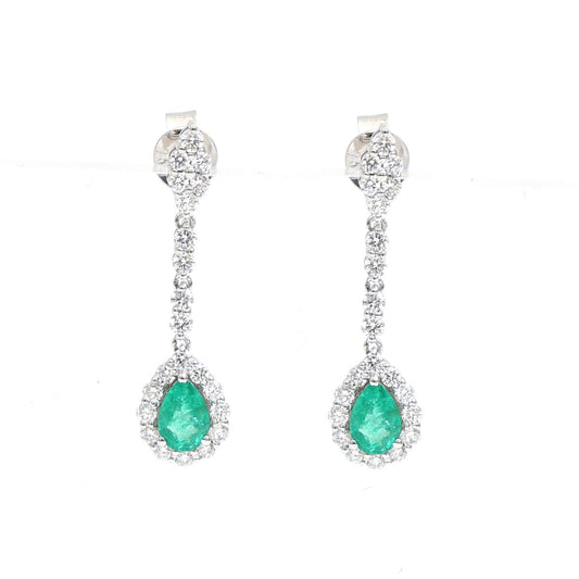 Emerald Radiance Halo 18K Natural Diamond White Gold Drop Earrings