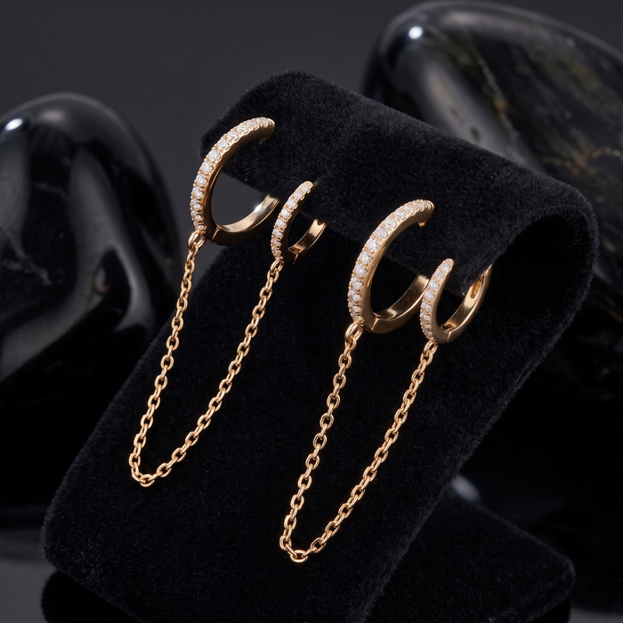 Double Chain Diamond Huggie Earrings in 14K Yellow Gold