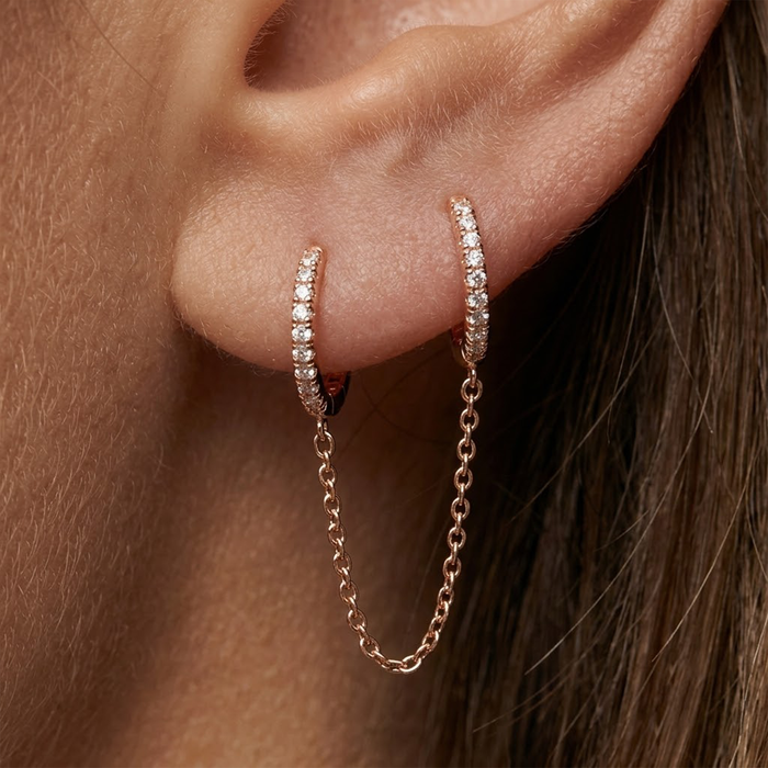Double Chain Diamond Huggie Earrings in 14K Yellow Gold