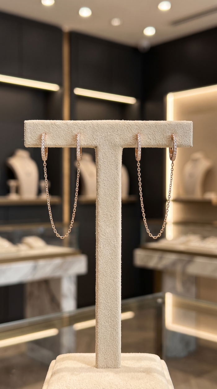 Double Chain Diamond Huggie Earrings in 14K Yellow Gold