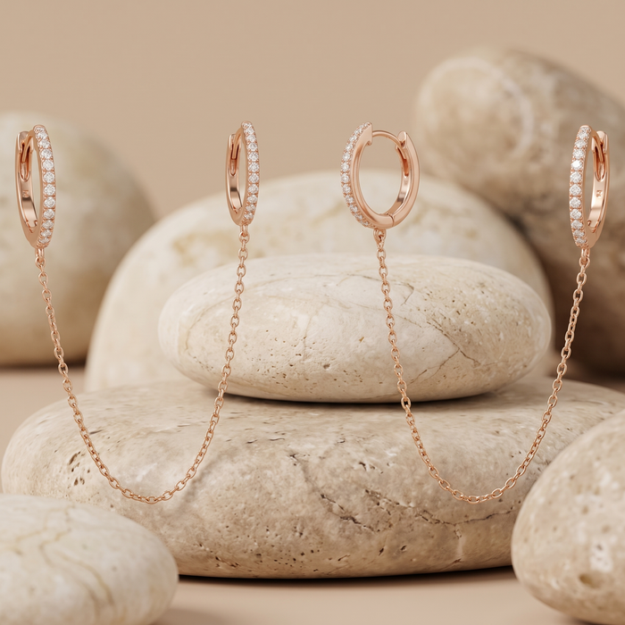 Double Chain Diamond Huggie Earrings in 14K Yellow Gold
