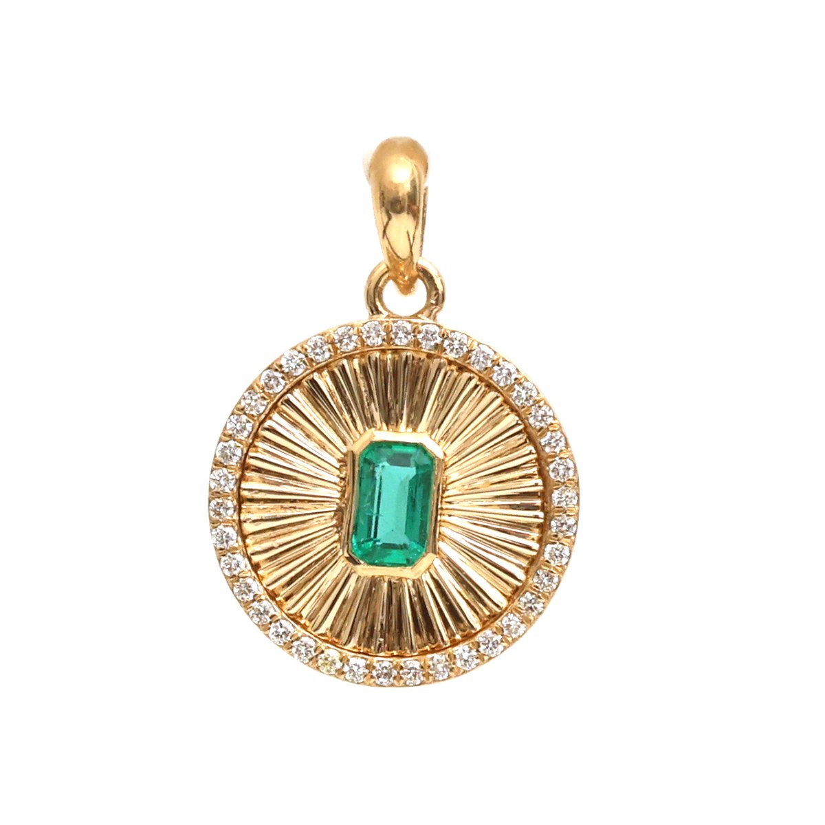 Emerald Sunburst Diamond 14K (18K Custom) Yellow Gold Pendant Necklace