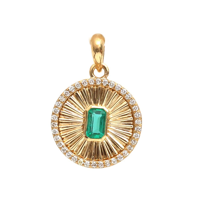 Emerald Sunburst Diamond 14K (18K Custom) Yellow Gold Pendant Necklace