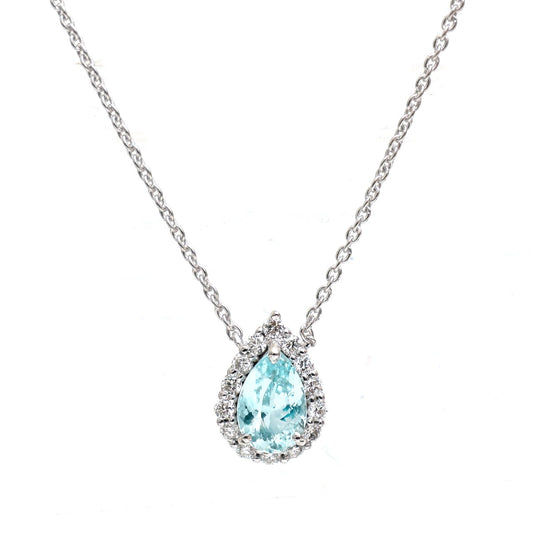 Elegant Pear Shape Paraiba Tourmaline Diamond 18K White Gold Halo Necklace