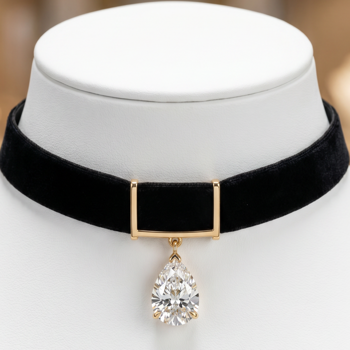 Midnight Velvet Pear Diamond Drop Choker in 18K Necklace