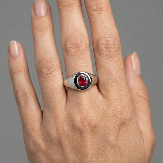Oval Ruby Bezel Signet Ring in 14K White Gold