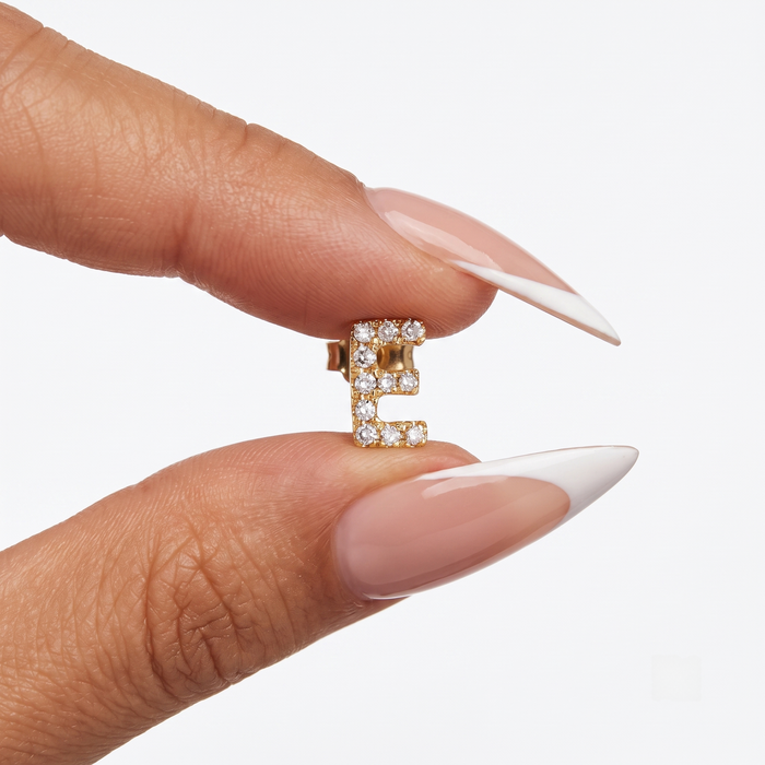 Personalized E Initial Diamond Stud Earring in 14K Yellow Gold