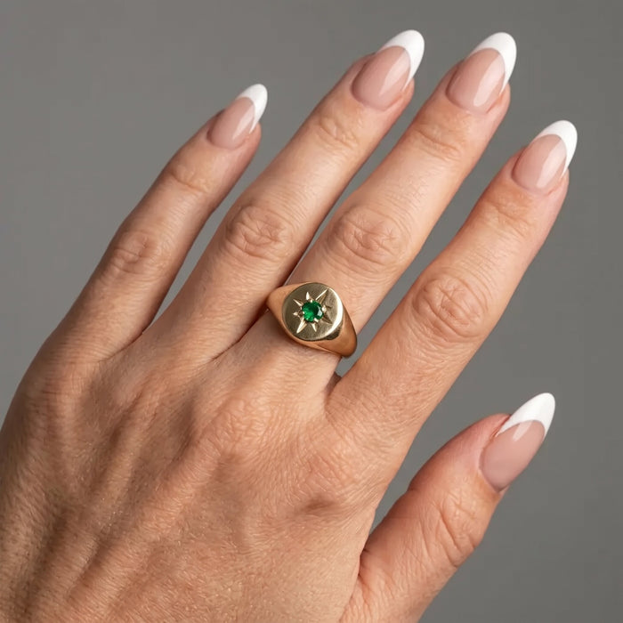 Emerald Compass 14K Gold Signet Ring