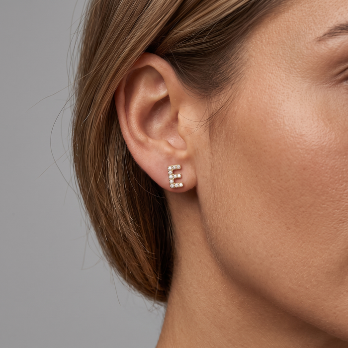 Personalized E Initial Diamond Stud Earring in 14K Yellow Gold