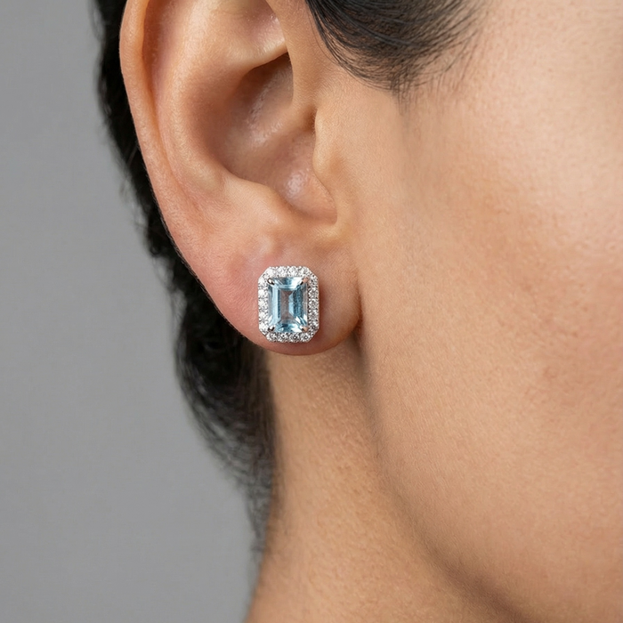 Skyline Aura Aquamarine Diamond Stud Earrings in 18K White Gold