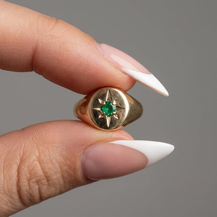 Emerald Compass 14K Gold Signet Ring