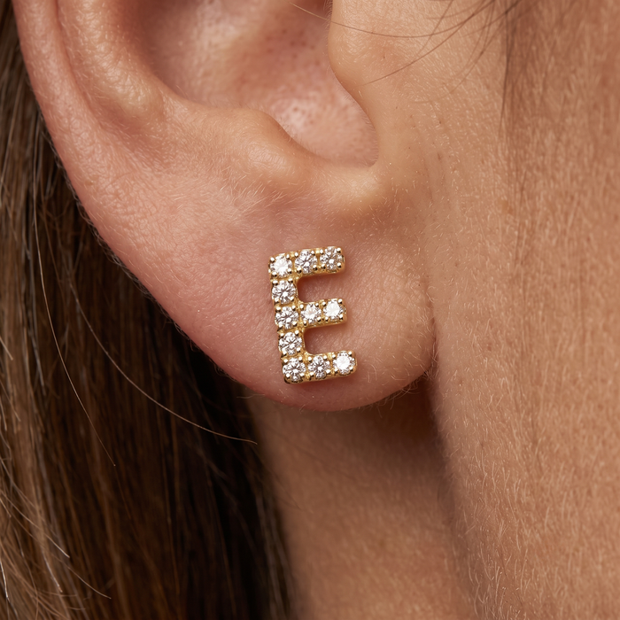 Personalized E Initial Diamond Stud Earring in 14K Yellow Gold
