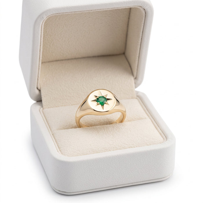 Emerald Compass 14K Gold Signet Ring