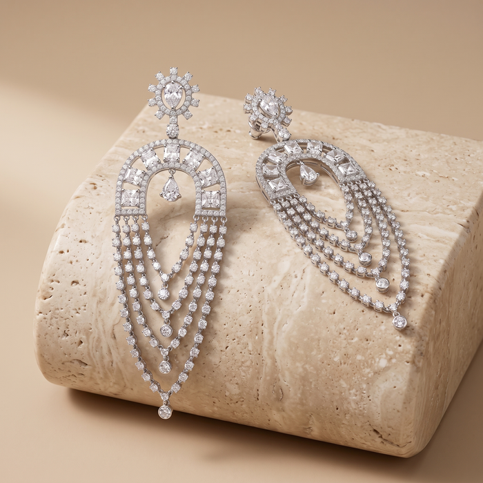 Multi Layered Chandelier Drop Earrings in 14K White Gold