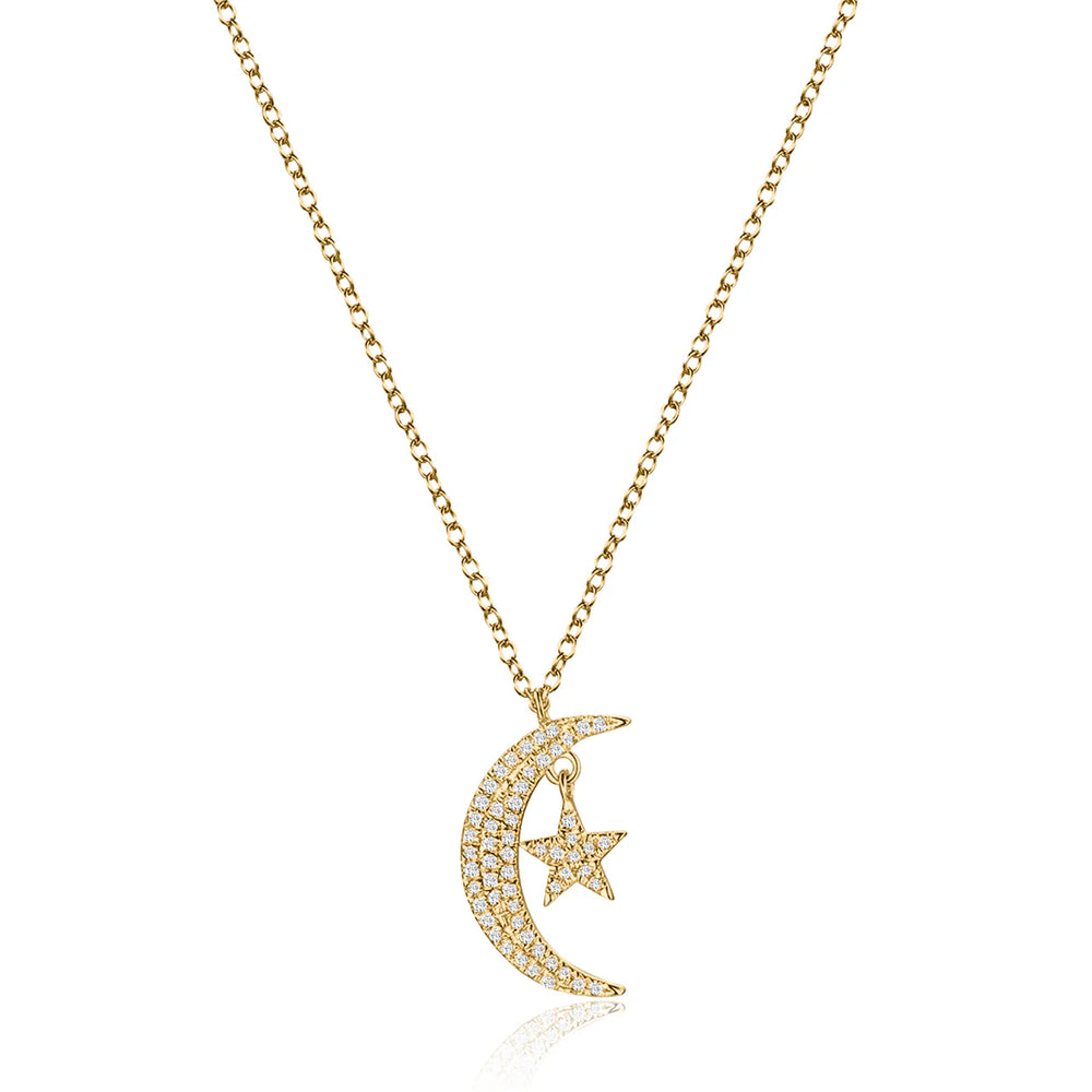 Diamond Crescent Moon Star Necklace in 14K Yellow Gold