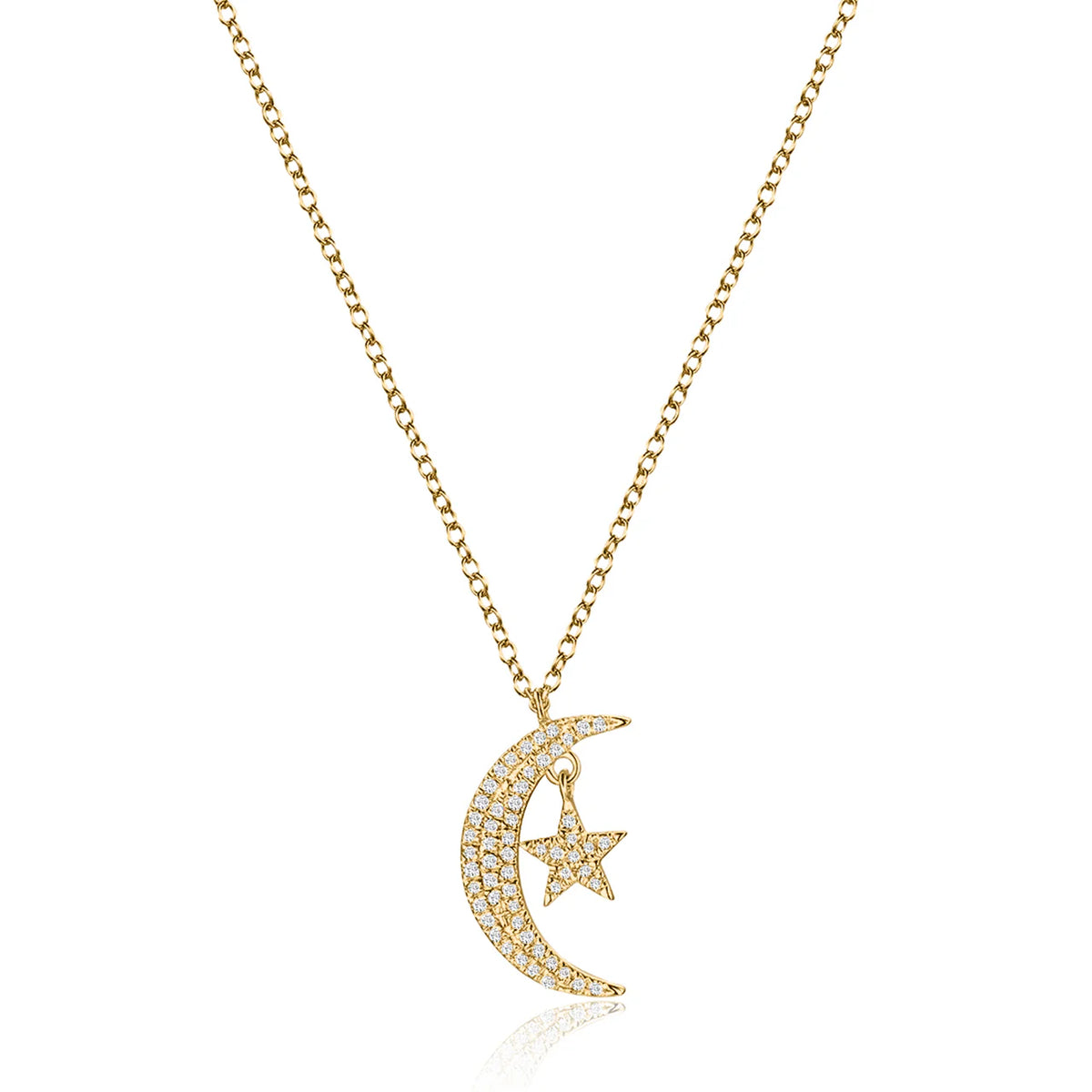 Diamond Crescent Moon Star Necklace in 14K Yellow Gold