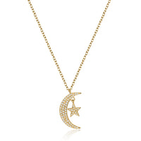 Diamond Crescent Moon Star Necklace in 14K Yellow Gold