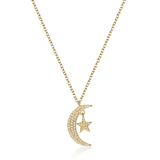 Diamond Crescent Moon Star Necklace in 14K Yellow Gold