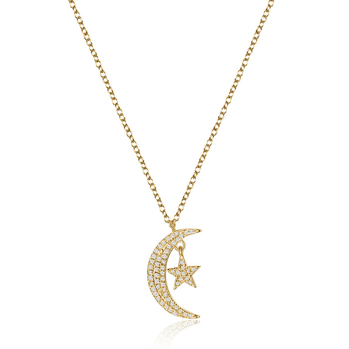 Diamond Crescent Moon Star Necklace in 14K Yellow Gold