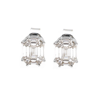Emerald-Cut 18K Natural Diamond Cluster Stud Earrings White Gold