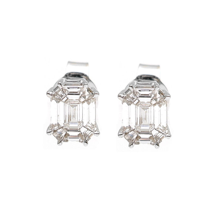 Emerald-Cut 18K Natural Diamond Cluster Stud Earrings White Gold