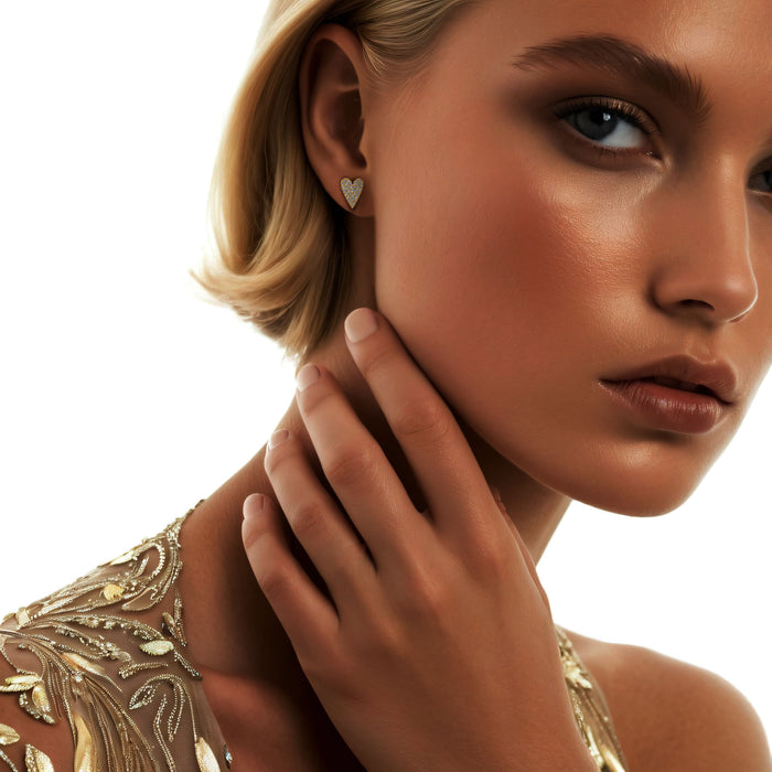 Round Pave Set Diamond Heart Shape Stud Earrings