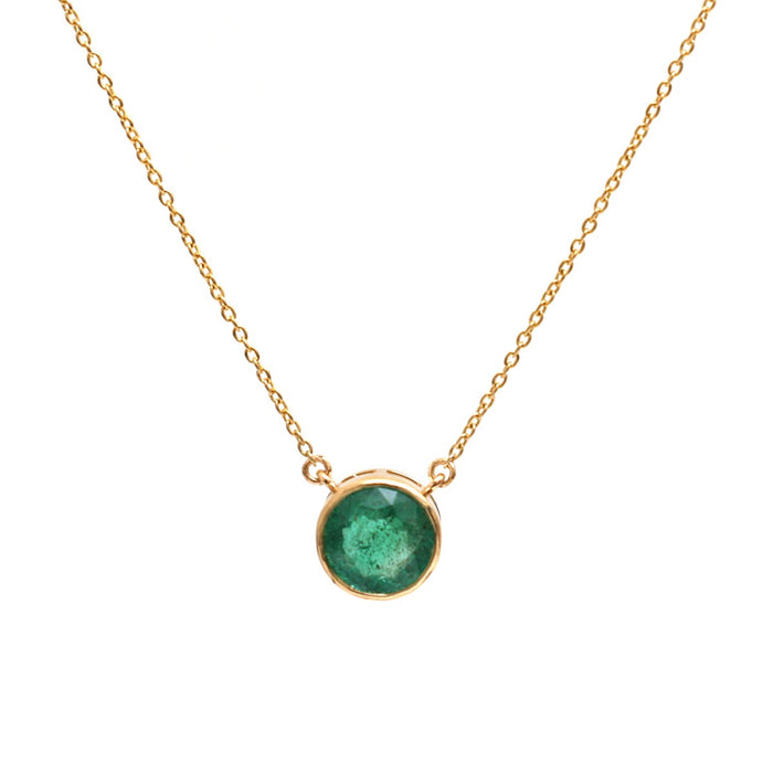 Round Cut Emerald Emerald Bezel 18K Yellow Gold Solitaire Necklace