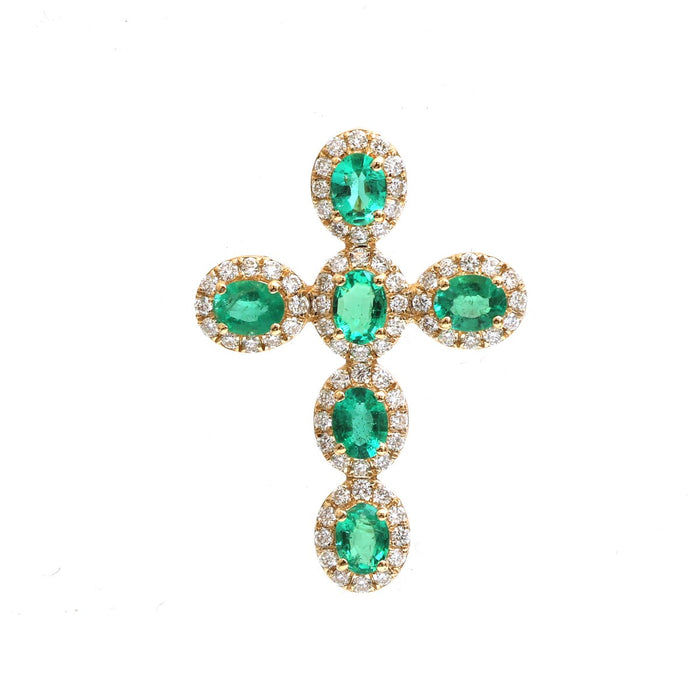 Cross Emerald Halo 14K (18K Custom) Yellow Gold Pendant Necklace