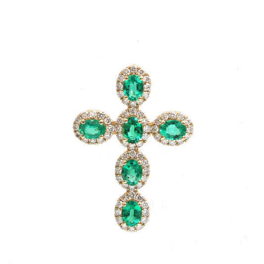 Cross Emerald Diamond Halo 18K Yellow Gold Pendant Necklace