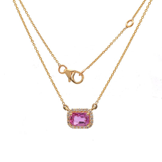 Emerald Cut Pink Sapphire Diamond 18K Yellow Gold Halo Necklace