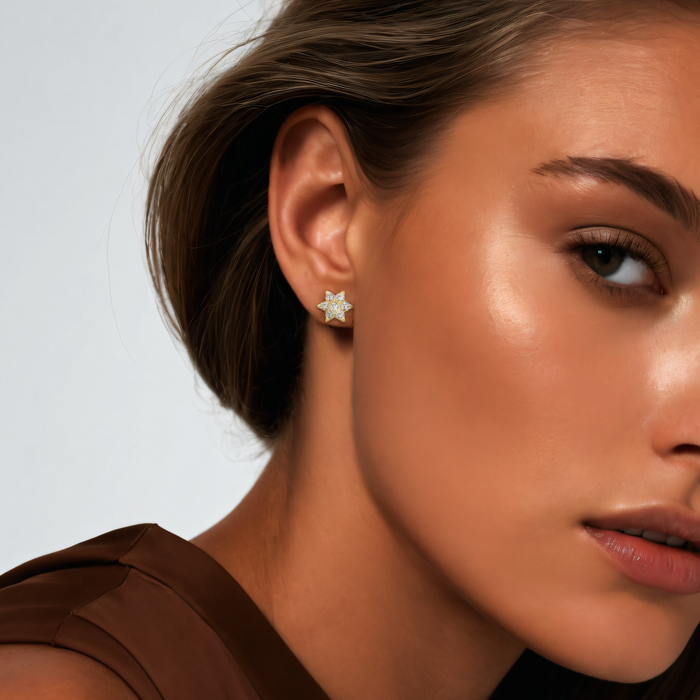 Floral Round Diamond Stud Earrings in 14K Yellow Gold