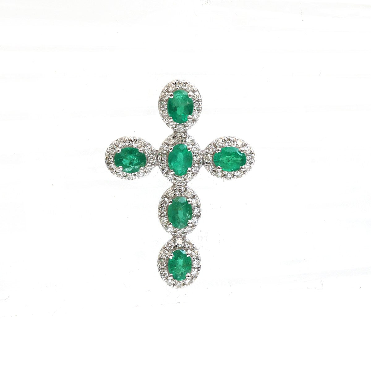 Cross Emerald Diamond Halo 18K White Gold Pendant Necklace