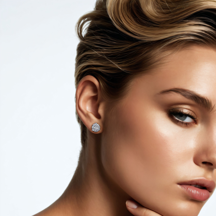 Three Prong Martini Push Back Diamond Stud Earrings in 14K Gold