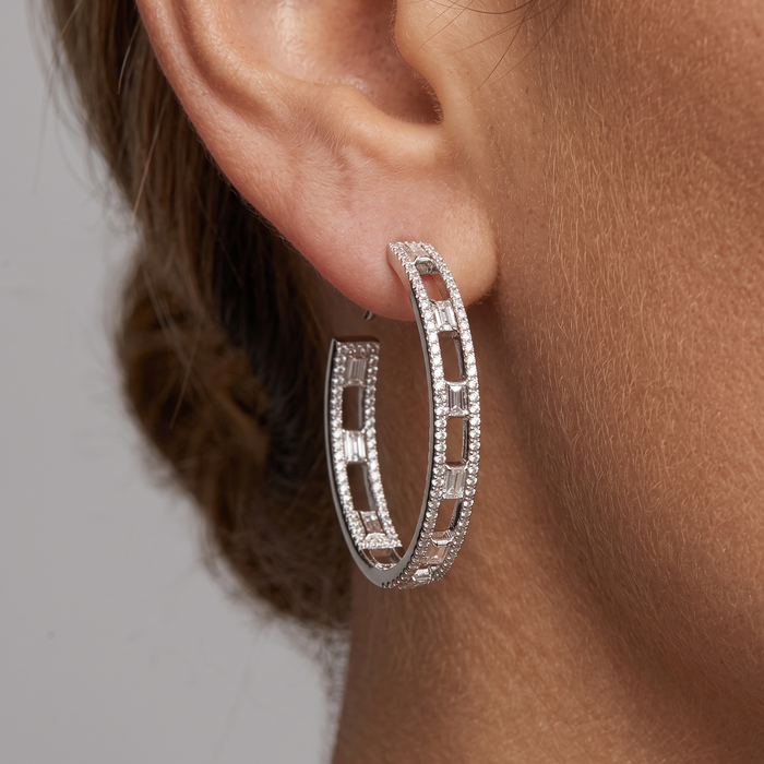 Baguette Cut Open Hoop Earrings in 14K White Gold
