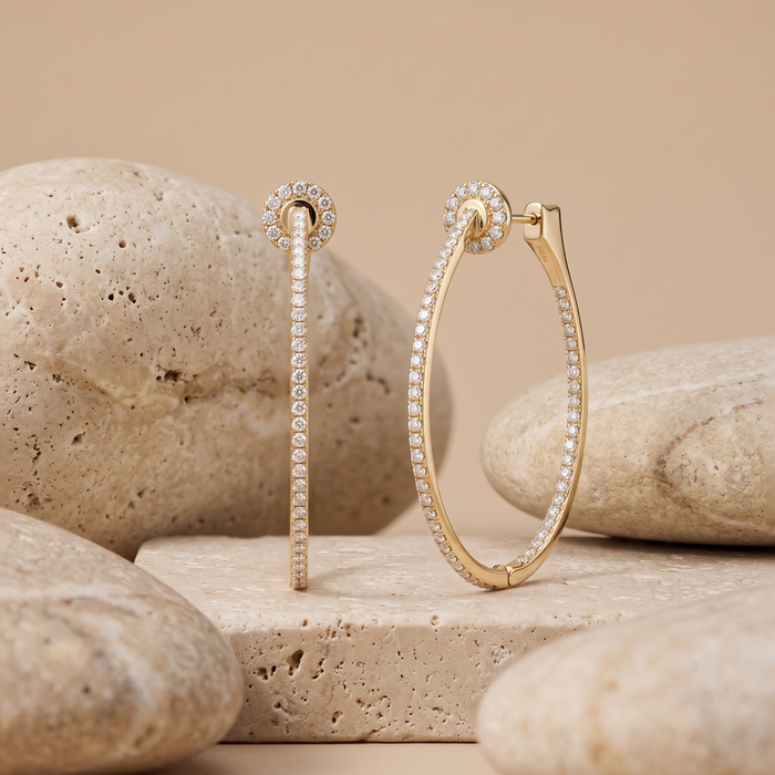 Circle Top Detail Diamond Oval Hoop Earrings in 14K Yellow Gold