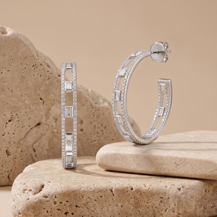 Baguette Cut Open Hoop Earrings in 14K White Gold