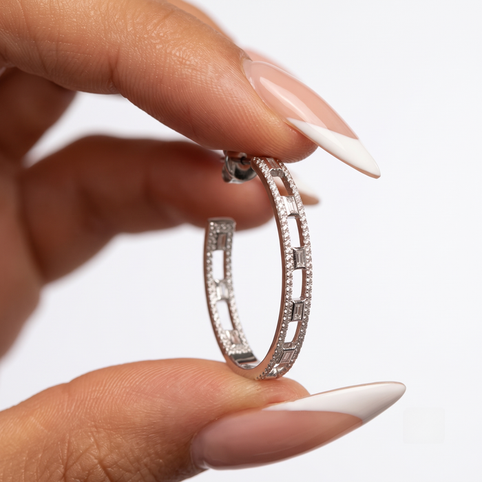 Baguette Cut Open Hoop Earrings in 14K White Gold