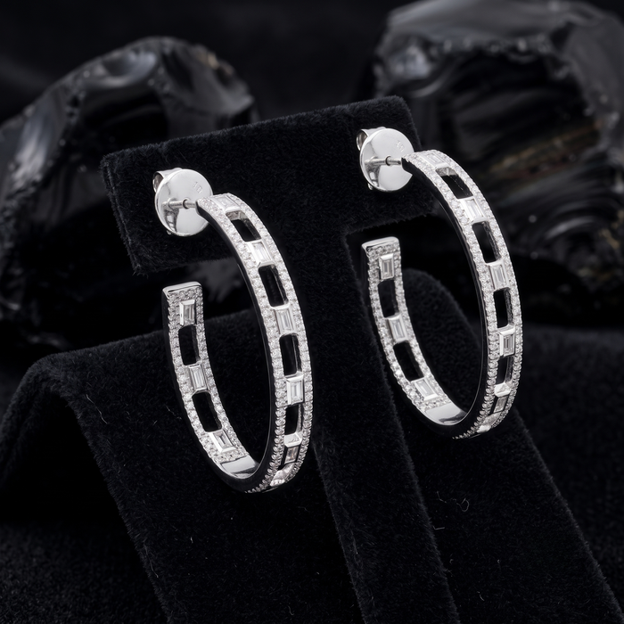Baguette Cut Open Hoop Earrings in 14K White Gold