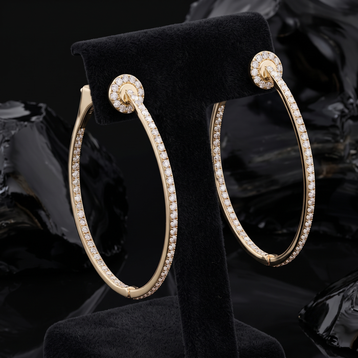 Circle Top Detail Diamond Oval Hoop Earrings in 14K Yellow Gold