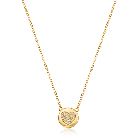 Diamond Glamour Disc Heart Necklace in 14K Yellow Gold