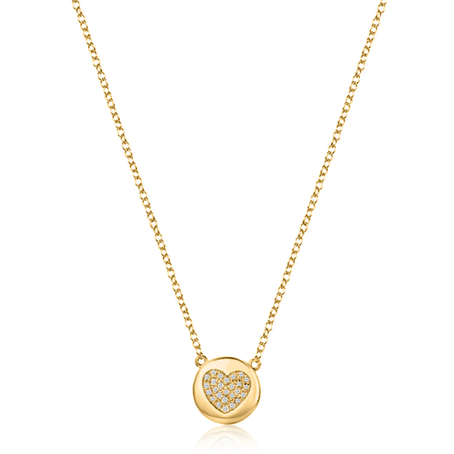 Diamond Glamour Disc Heart Necklace in 14K Yellow Gold