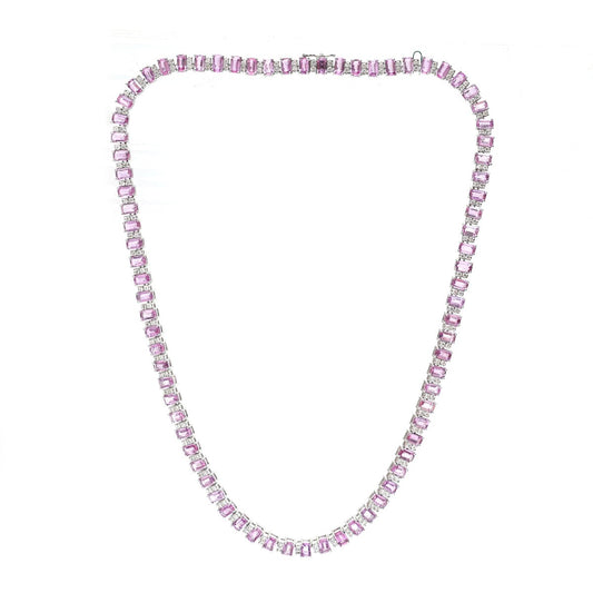 Luxury Pink Sapphire & Diamond 14K (18K Custom) White Gold Tennis Necklace