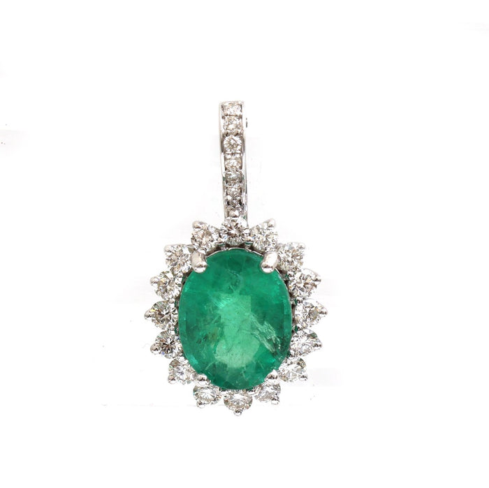Oval Emerald Diamond Halo 18K White Gold Pendant Necklace