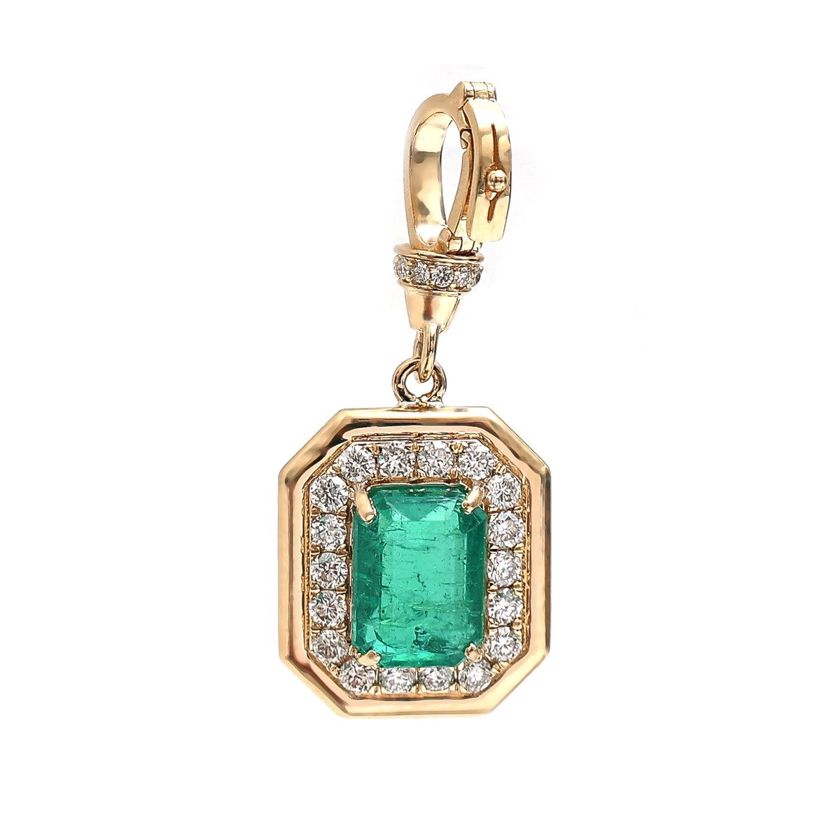 Emerald Octagon Diamond Halo 18K Yellow Gold Pendant Necklace