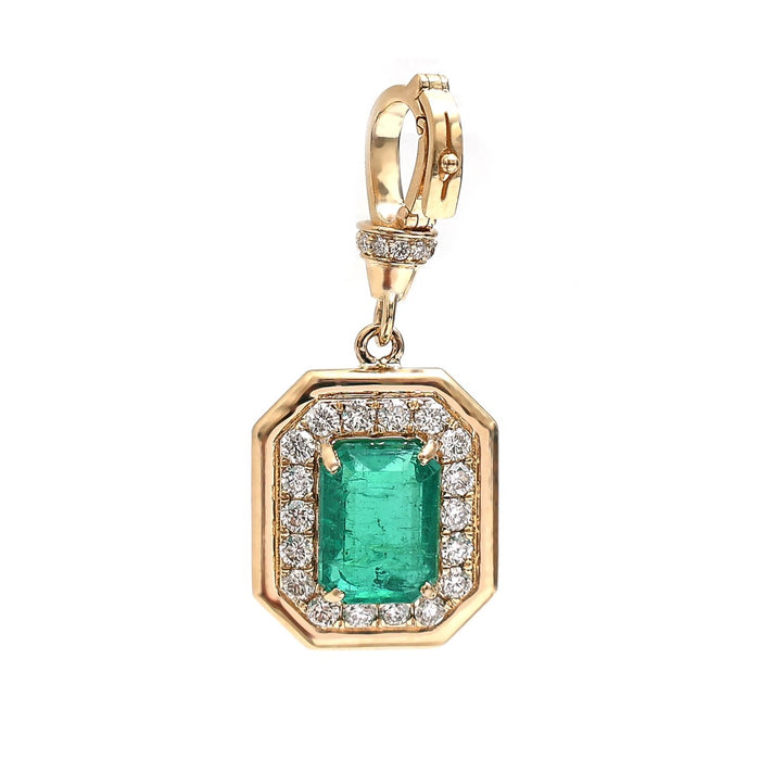 Emerald Octagon Diamond Halo 18K Yellow Gold Pendant Necklace