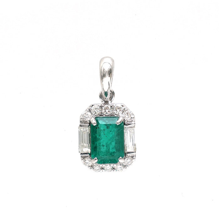 Emerald and Diamond Baguette Halo 18K White Gold Pendant Necklace