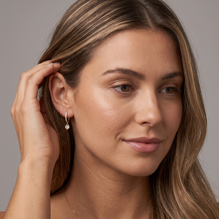 Diamond Heart Drop Huggie Hoop Earrings in 14K Yellow Gold