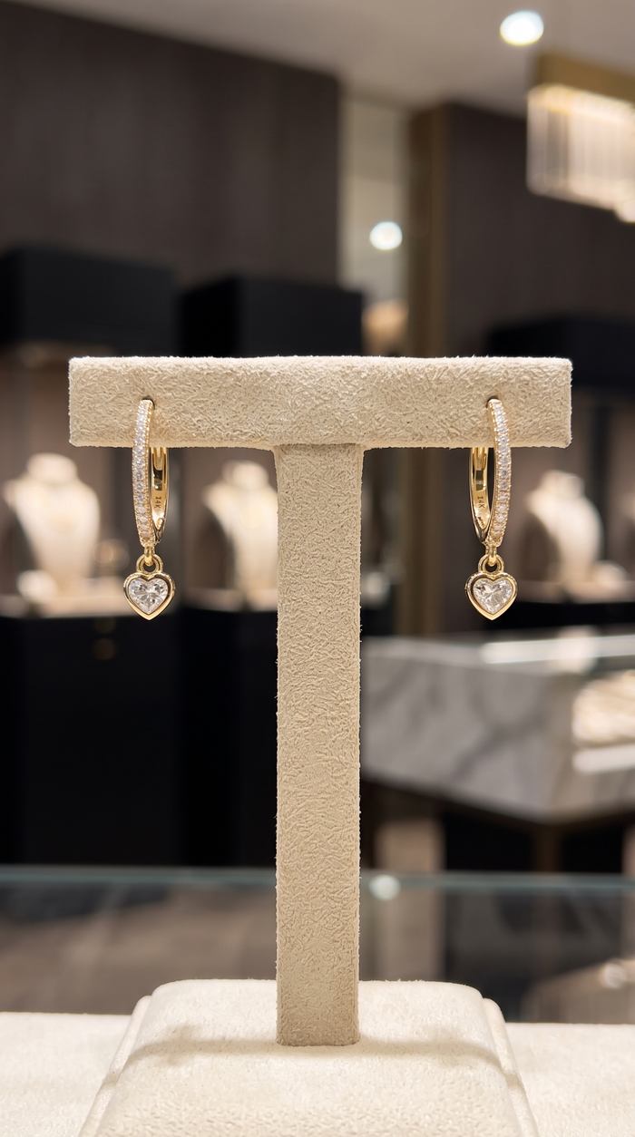 Diamond Heart Drop Huggie Hoop Earrings in 14K Yellow Gold